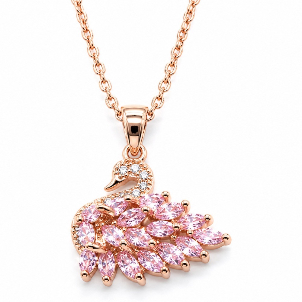 Pink Swan Necklace Swarovski Crystal Rose Gold Overlay Adjustable Chain Vintage